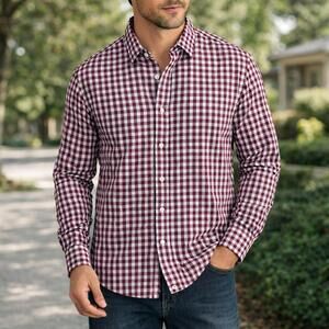 Johnston & Murphy Burgundy Gingham Button Down Dress Shirt Mens Size Large